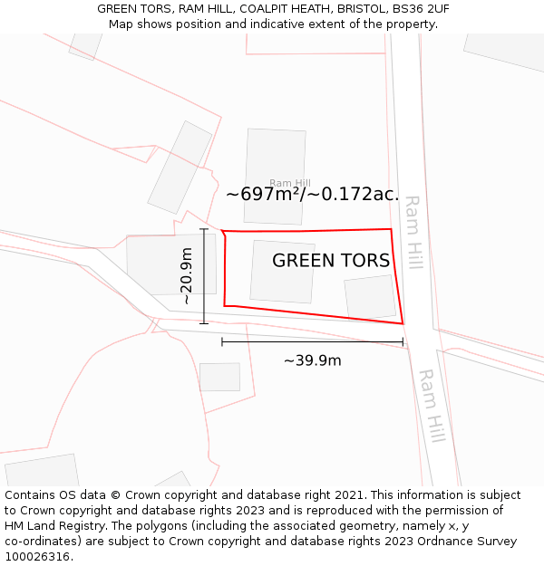 GREEN TORS, RAM HILL, COALPIT HEATH, BRISTOL, BS36 2UF: Plot and title map
