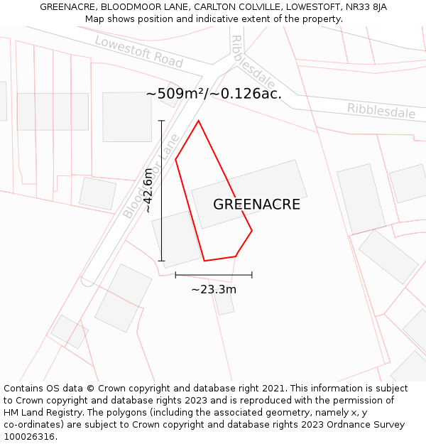 GREENACRE, BLOODMOOR LANE, CARLTON COLVILLE, LOWESTOFT, NR33 8JA: Plot and title map