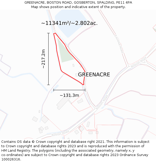 GREENACRE, BOSTON ROAD, GOSBERTON, SPALDING, PE11 4PA: Plot and title map