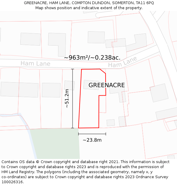 GREENACRE, HAM LANE, COMPTON DUNDON, SOMERTON, TA11 6PQ: Plot and title map