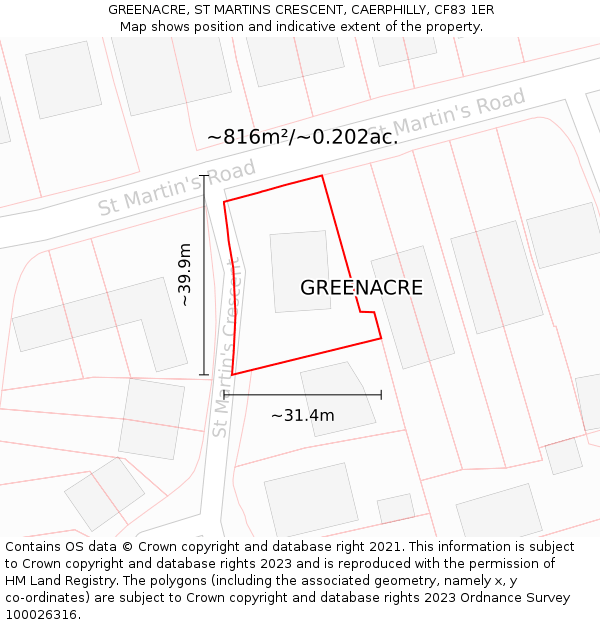 GREENACRE, ST MARTINS CRESCENT, CAERPHILLY, CF83 1ER: Plot and title map