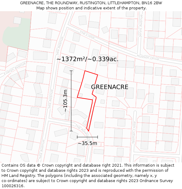 GREENACRE, THE ROUNDWAY, RUSTINGTON, LITTLEHAMPTON, BN16 2BW: Plot and title map