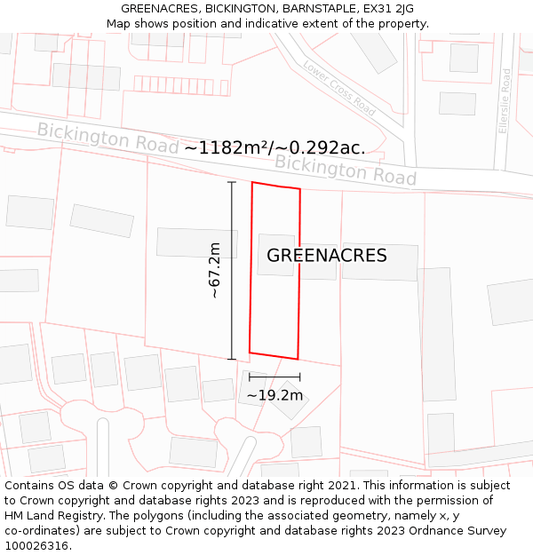 GREENACRES, BICKINGTON, BARNSTAPLE, EX31 2JG: Plot and title map