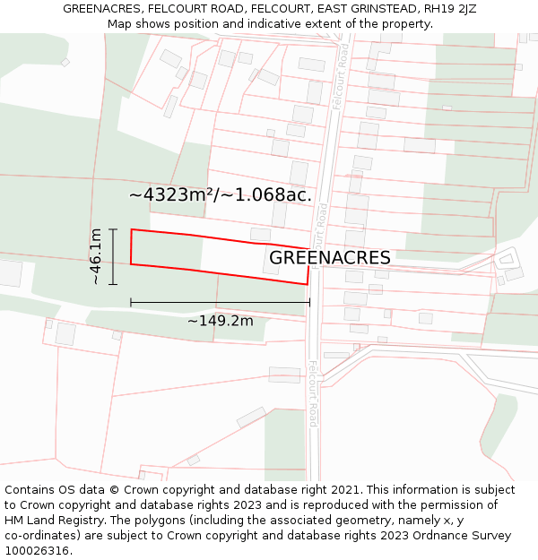 GREENACRES, FELCOURT ROAD, FELCOURT, EAST GRINSTEAD, RH19 2JZ: Plot and title map