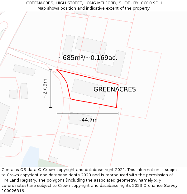 GREENACRES, HIGH STREET, LONG MELFORD, SUDBURY, CO10 9DH: Plot and title map