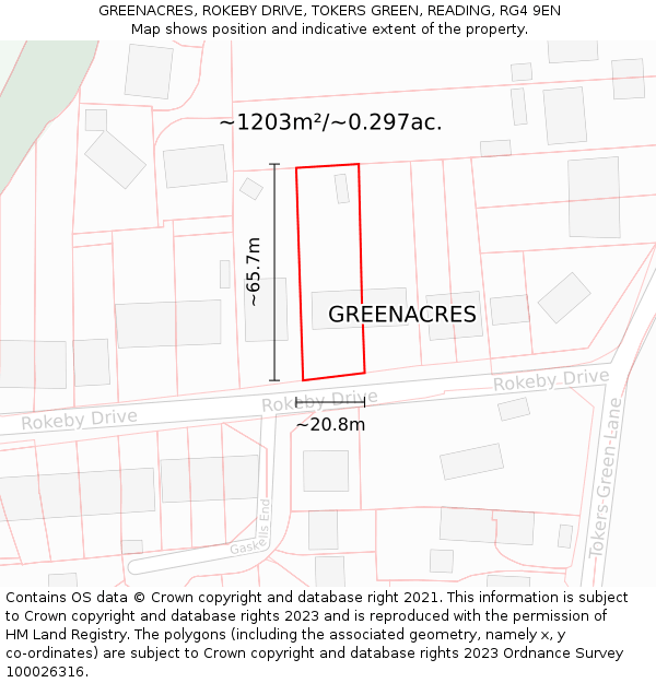 GREENACRES, ROKEBY DRIVE, TOKERS GREEN, READING, RG4 9EN: Plot and title map