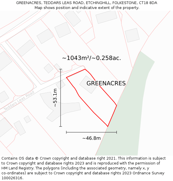 GREENACRES, TEDDARS LEAS ROAD, ETCHINGHILL, FOLKESTONE, CT18 8DA: Plot and title map
