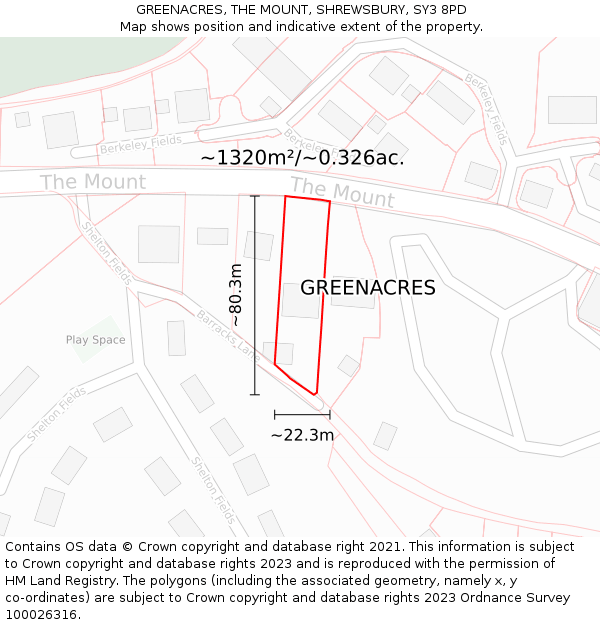 GREENACRES, THE MOUNT, SHREWSBURY, SY3 8PD: Plot and title map