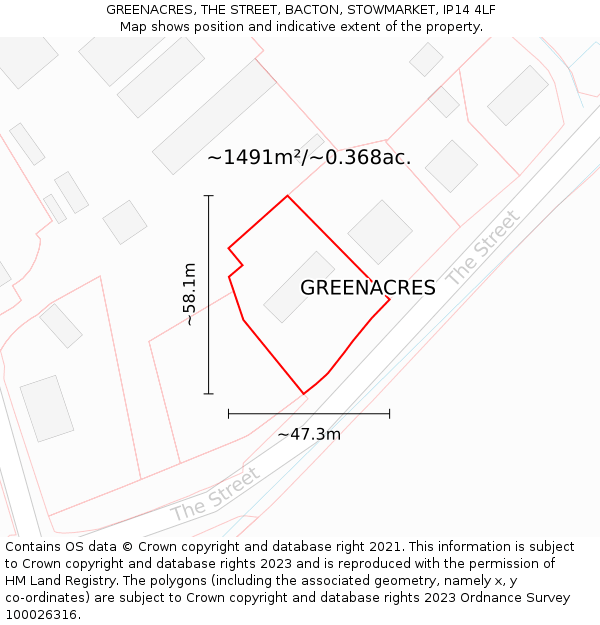 GREENACRES, THE STREET, BACTON, STOWMARKET, IP14 4LF: Plot and title map
