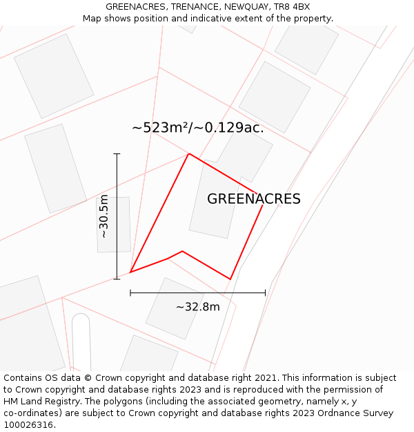 GREENACRES, TRENANCE, NEWQUAY, TR8 4BX: Plot and title map