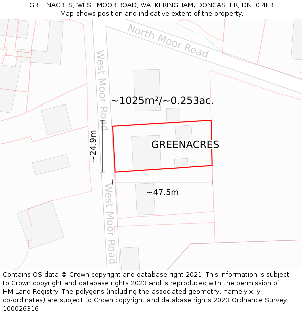 GREENACRES, WEST MOOR ROAD, WALKERINGHAM, DONCASTER, DN10 4LR: Plot and title map