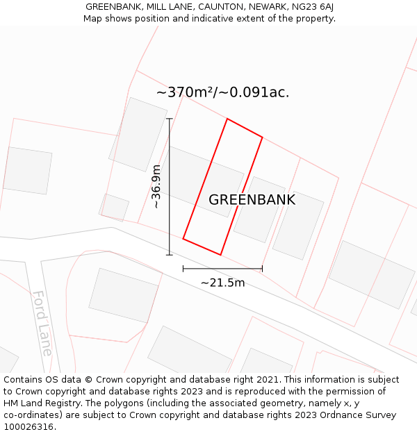 GREENBANK, MILL LANE, CAUNTON, NEWARK, NG23 6AJ: Plot and title map