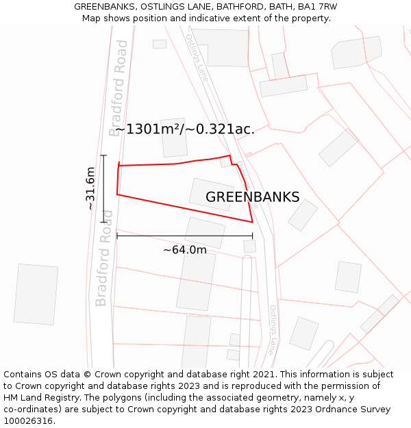 GREENBANKS, OSTLINGS LANE, BATHFORD, BATH, BA1 7RW: Plot and title map