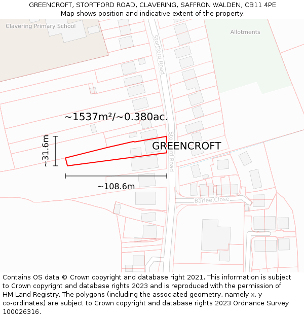 GREENCROFT, STORTFORD ROAD, CLAVERING, SAFFRON WALDEN, CB11 4PE: Plot and title map