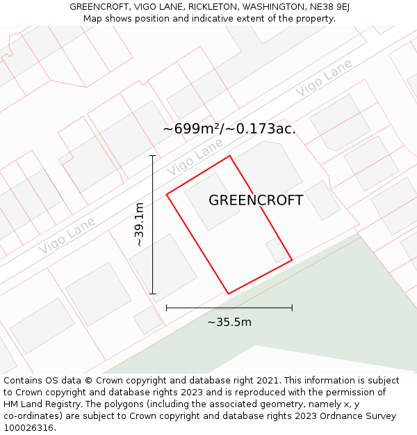 GREENCROFT, VIGO LANE, RICKLETON, WASHINGTON, NE38 9EJ: Plot and title map