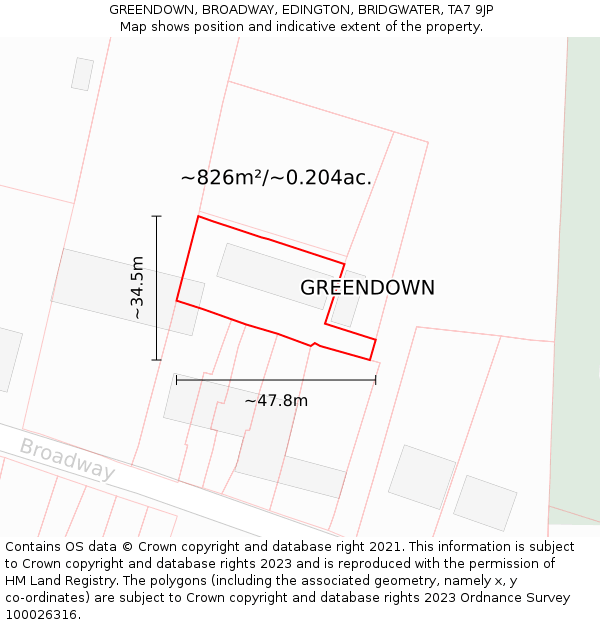 GREENDOWN, BROADWAY, EDINGTON, BRIDGWATER, TA7 9JP: Plot and title map