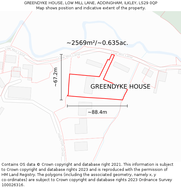 GREENDYKE HOUSE, LOW MILL LANE, ADDINGHAM, ILKLEY, LS29 0QP: Plot and title map