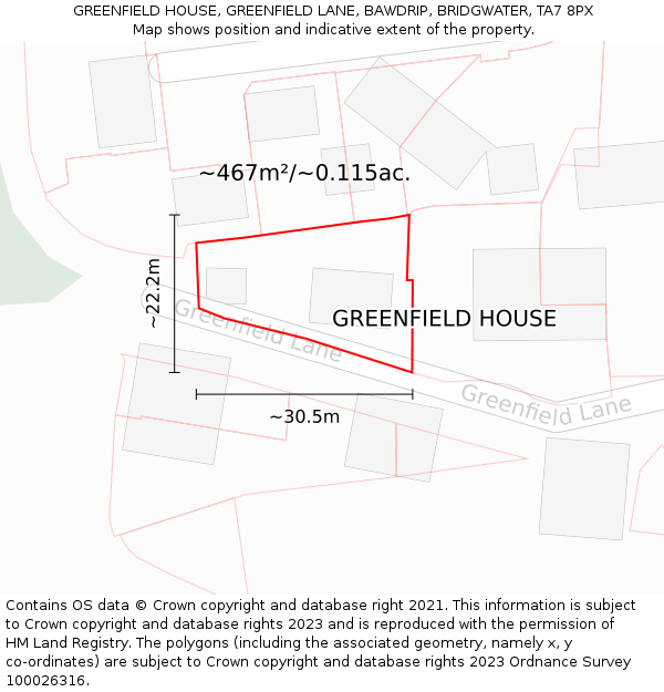 GREENFIELD HOUSE, GREENFIELD LANE, BAWDRIP, BRIDGWATER, TA7 8PX: Plot and title map
