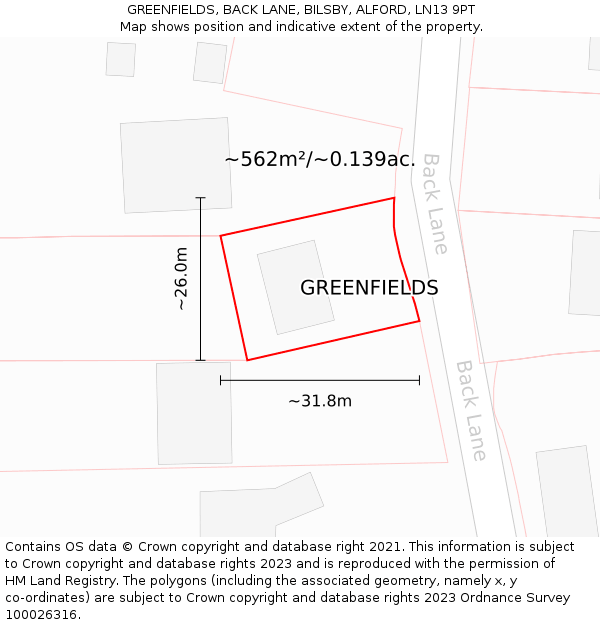 GREENFIELDS, BACK LANE, BILSBY, ALFORD, LN13 9PT: Plot and title map