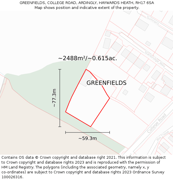 GREENFIELDS, COLLEGE ROAD, ARDINGLY, HAYWARDS HEATH, RH17 6SA: Plot and title map