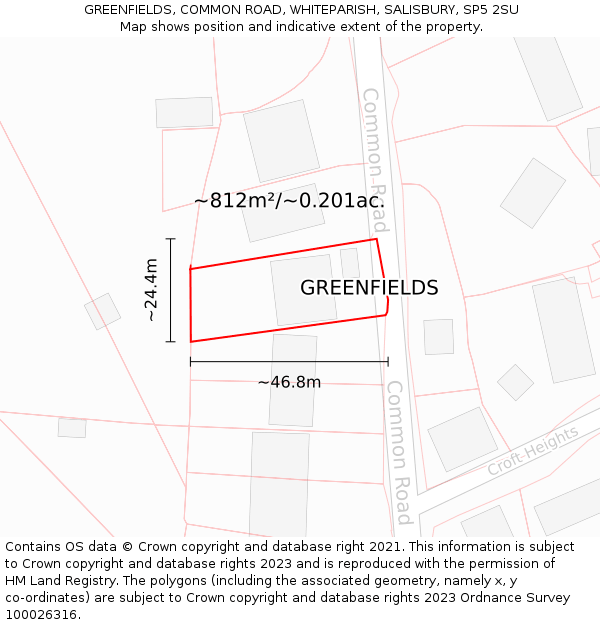 GREENFIELDS, COMMON ROAD, WHITEPARISH, SALISBURY, SP5 2SU: Plot and title map