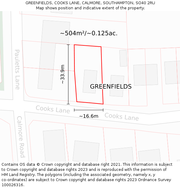 GREENFIELDS, COOKS LANE, CALMORE, SOUTHAMPTON, SO40 2RU: Plot and title map