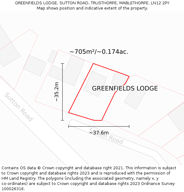 GREENFIELDS LODGE, SUTTON ROAD, TRUSTHORPE, MABLETHORPE, LN12 2PY: Plot and title map