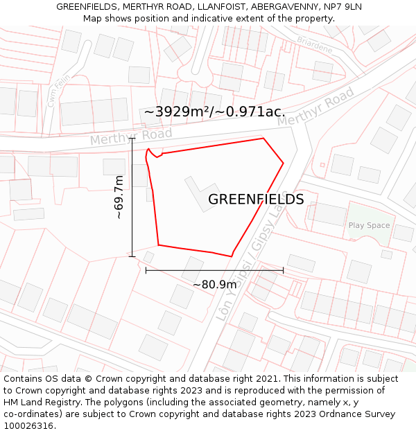 GREENFIELDS, MERTHYR ROAD, LLANFOIST, ABERGAVENNY, NP7 9LN: Plot and title map