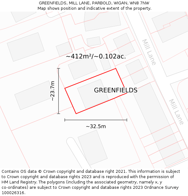 GREENFIELDS, MILL LANE, PARBOLD, WIGAN, WN8 7NW: Plot and title map