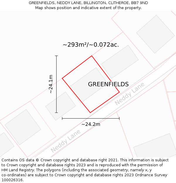 GREENFIELDS, NEDDY LANE, BILLINGTON, CLITHEROE, BB7 9ND: Plot and title map