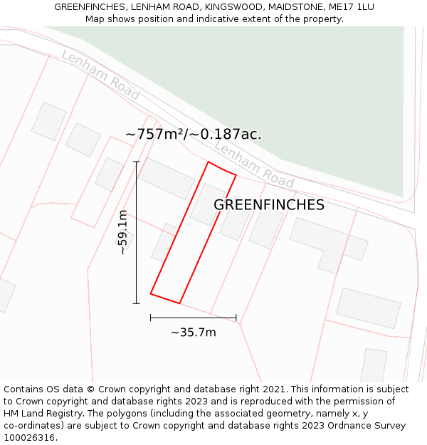 GREENFINCHES, LENHAM ROAD, KINGSWOOD, MAIDSTONE, ME17 1LU: Plot and title map