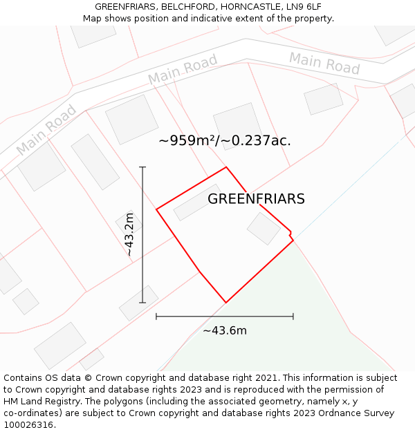 GREENFRIARS, BELCHFORD, HORNCASTLE, LN9 6LF: Plot and title map