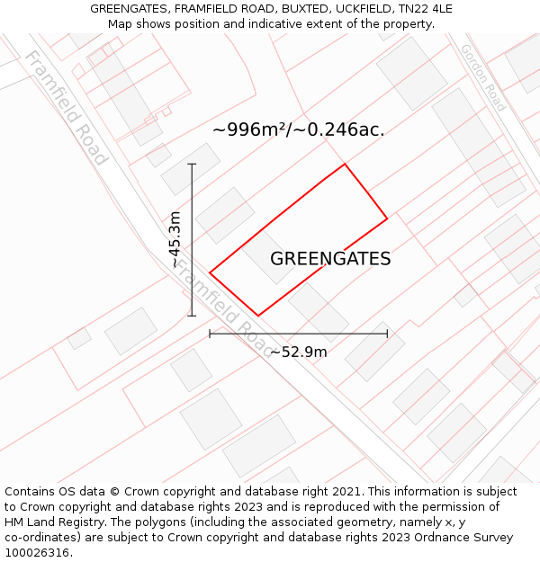 GREENGATES, FRAMFIELD ROAD, BUXTED, UCKFIELD, TN22 4LE: Plot and title map