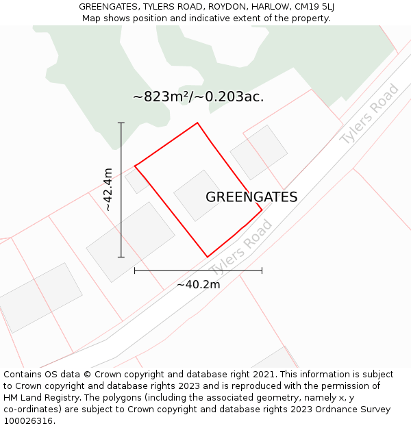 GREENGATES, TYLERS ROAD, ROYDON, HARLOW, CM19 5LJ: Plot and title map