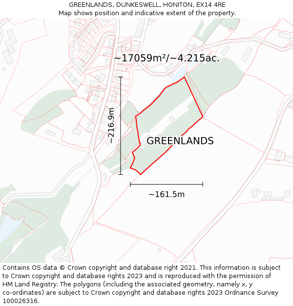 GREENLANDS, DUNKESWELL, HONITON, EX14 4RE: Plot and title map