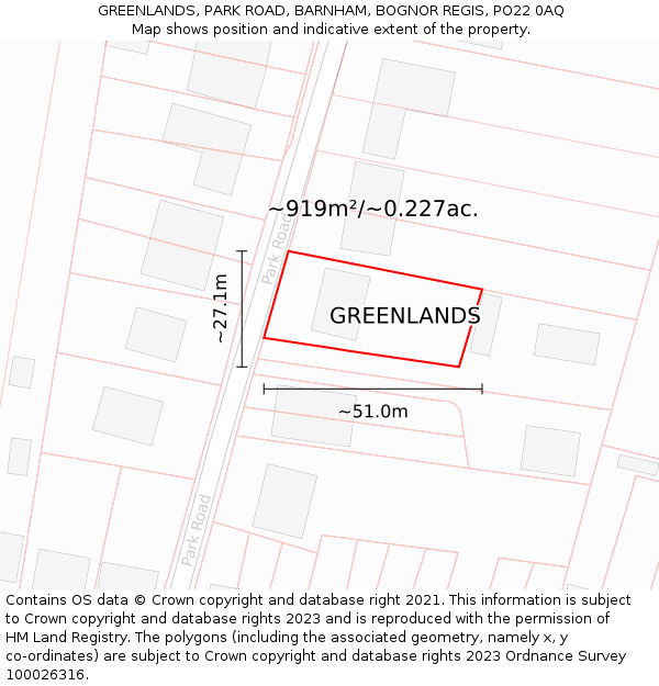 GREENLANDS, PARK ROAD, BARNHAM, BOGNOR REGIS, PO22 0AQ: Plot and title map
