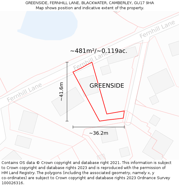 GREENSIDE, FERNHILL LANE, BLACKWATER, CAMBERLEY, GU17 9HA: Plot and title map