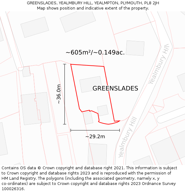 GREENSLADES, YEALMBURY HILL, YEALMPTON, PLYMOUTH, PL8 2JH: Plot and title map