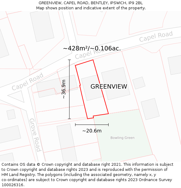 GREENVIEW, CAPEL ROAD, BENTLEY, IPSWICH, IP9 2BL: Plot and title map