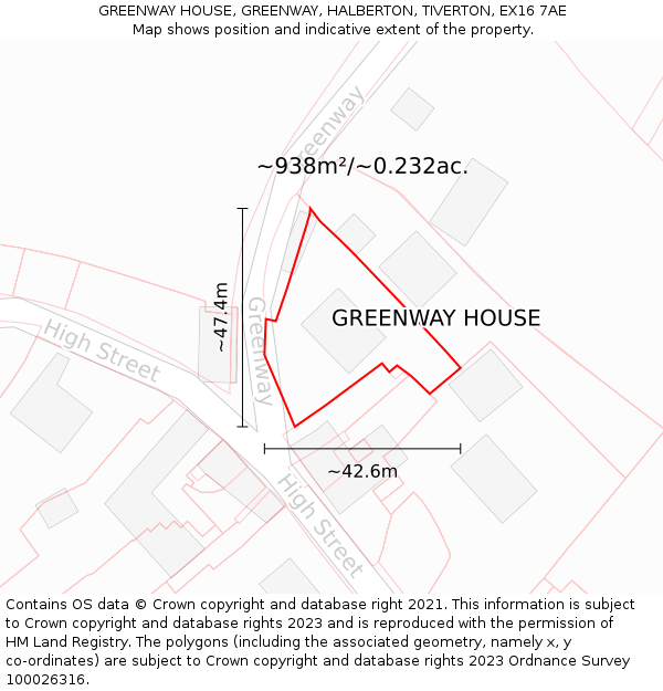 GREENWAY HOUSE, GREENWAY, HALBERTON, TIVERTON, EX16 7AE: Plot and title map