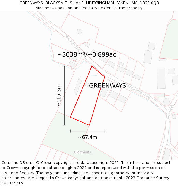 GREENWAYS, BLACKSMITHS LANE, HINDRINGHAM, FAKENHAM, NR21 0QB: Plot and title map