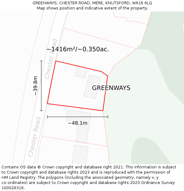 GREENWAYS, CHESTER ROAD, MERE, KNUTSFORD, WA16 6LQ: Plot and title map