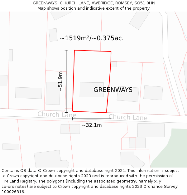 GREENWAYS, CHURCH LANE, AWBRIDGE, ROMSEY, SO51 0HN: Plot and title map