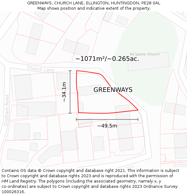 GREENWAYS, CHURCH LANE, ELLINGTON, HUNTINGDON, PE28 0AL: Plot and title map