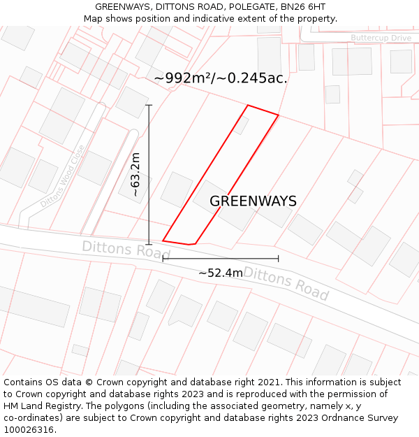 GREENWAYS, DITTONS ROAD, POLEGATE, BN26 6HT: Plot and title map