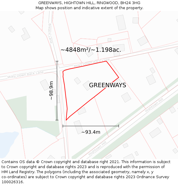 GREENWAYS, HIGHTOWN HILL, RINGWOOD, BH24 3HG: Plot and title map