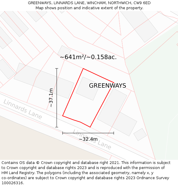 GREENWAYS, LINNARDS LANE, WINCHAM, NORTHWICH, CW9 6ED: Plot and title map