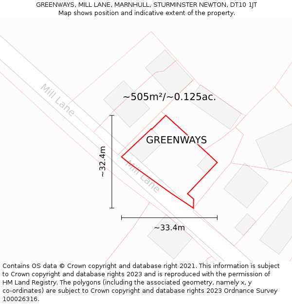 GREENWAYS, MILL LANE, MARNHULL, STURMINSTER NEWTON, DT10 1JT: Plot and title map