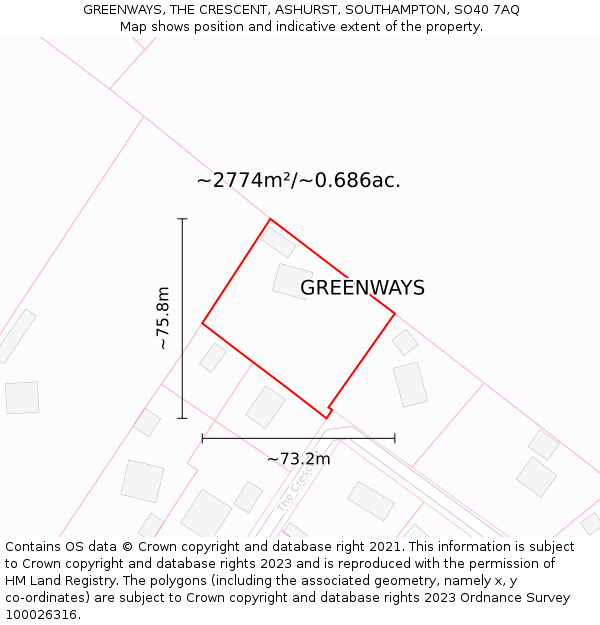 GREENWAYS, THE CRESCENT, ASHURST, SOUTHAMPTON, SO40 7AQ: Plot and title map