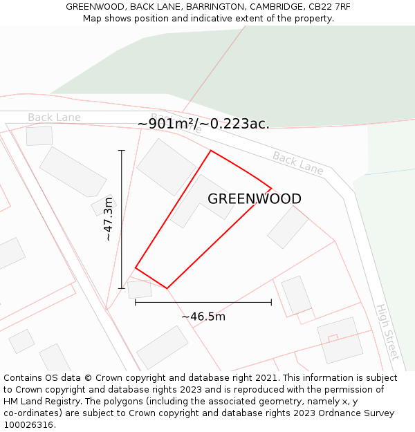 GREENWOOD, BACK LANE, BARRINGTON, CAMBRIDGE, CB22 7RF: Plot and title map